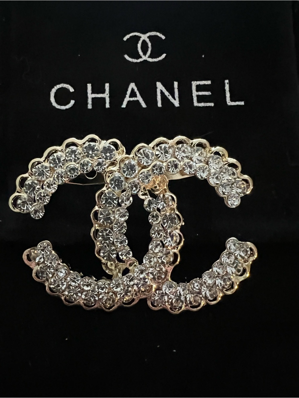 CHANEL Clear Crystal CC Logo Brooch in Gold-Tone